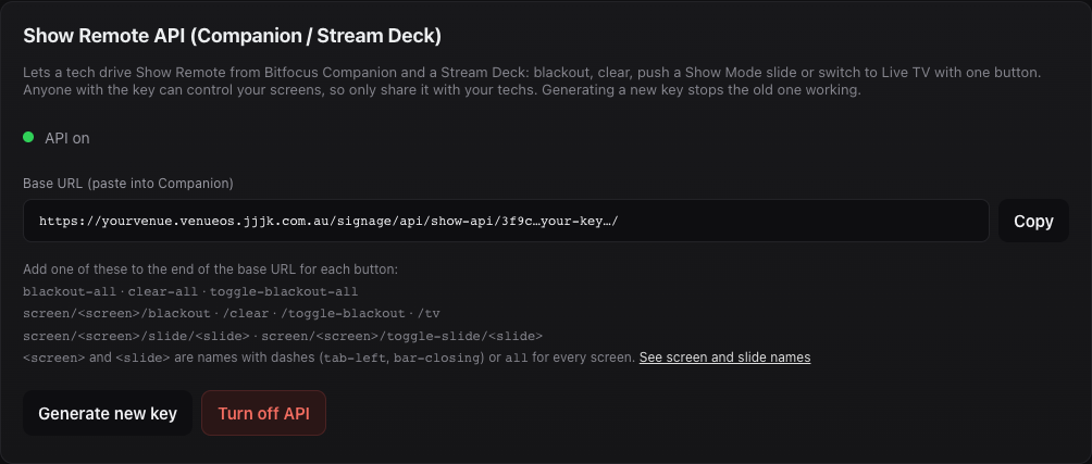 The Show Remote API card in Signage Settings.